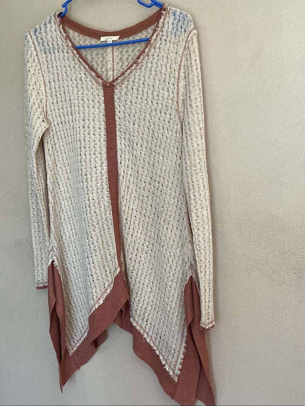 Women's Long Open Weave Sweater in Cream and Rust